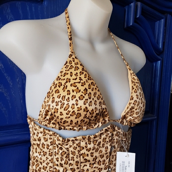 Leopard 3pc Steel Boned Underbust Corset Bikini Set Y2K Waist Trainer Corset - Picture 3 of 16